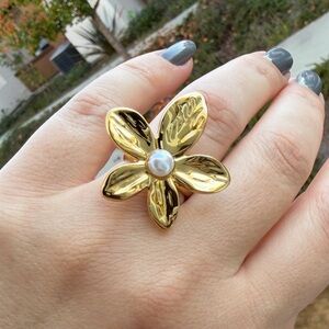 Gold Floral Statement Ring with Pearl